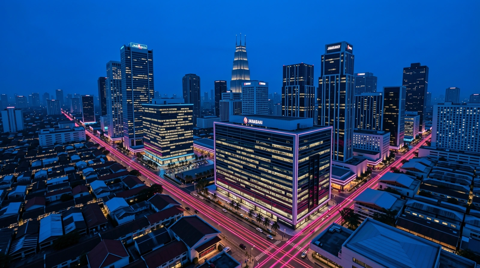 Jakarta night skyline with light trails
